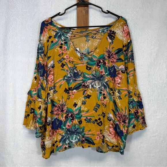 Ava‎ & Viv Mustard Floral Print 3/4 Sleeve Bell Sleeve Strappy Blouse Size 3X - Picture 6 of 10